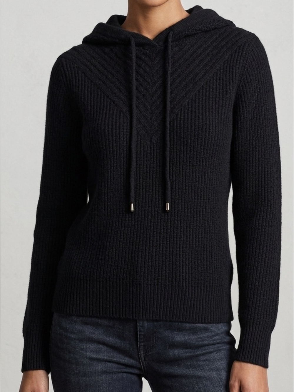 NWT S. Christina 100% Cashmere Ribbed Hooded Sweater Black Size S/M